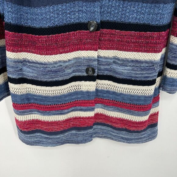 J. JILL Red White Blue Linen Knit Stripe Button Up Long Cardigan Sweater Medium - Picture 4 of 6